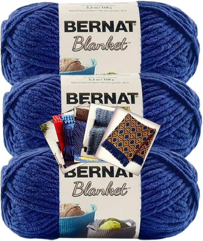 Bernat Blanket Yarn 3 Pack Navy with Patterns